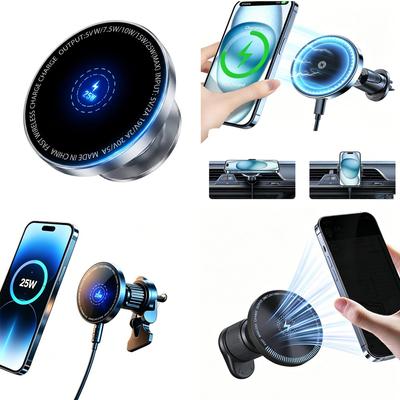 Sturdy 25W 15W Magnetic Car Phone Holder Fast Wireless Charger Strong Grip Force with 360 Degree Rotation for Rough Road Trips