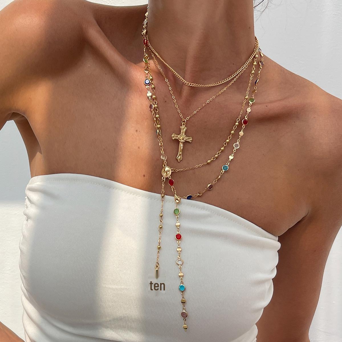 

Fashionable Layered Cross Pendant Necklace with Rhinestones and Alloy Tassel for Women