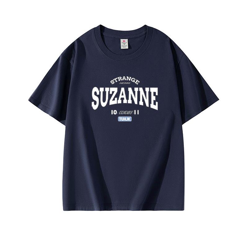 Summer New Navy Blue Round Neck Cotton Short-sleeved T-shirt Women's Clothing American Trendy Brand Letter Design Casual Loose Top
