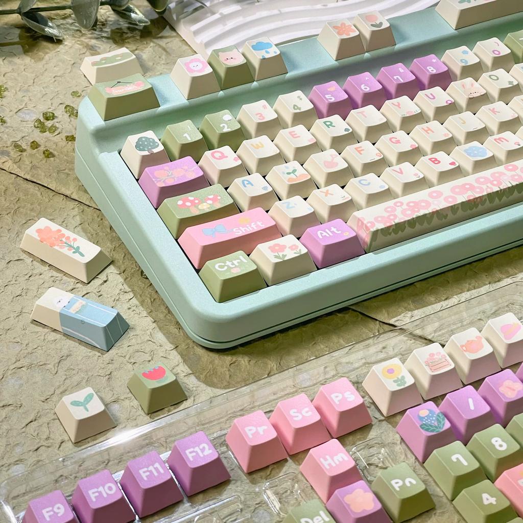 Small Garden Cherry Keycaps Cute Pbt Five-Sided Sublimation 138Keys7U/2.25U Space Bar L Shape Enter Key Alice Layout Keycaps