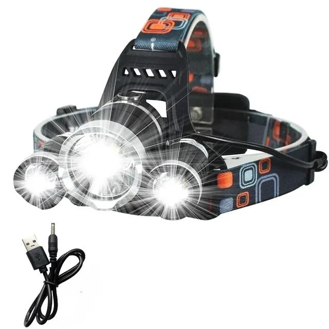 Super Bright 3 Led Headlamp Use 18650 Battery Rechargeable Head Flashlight 4-Mode Outdoor Camping Fishing Hunting Headlight