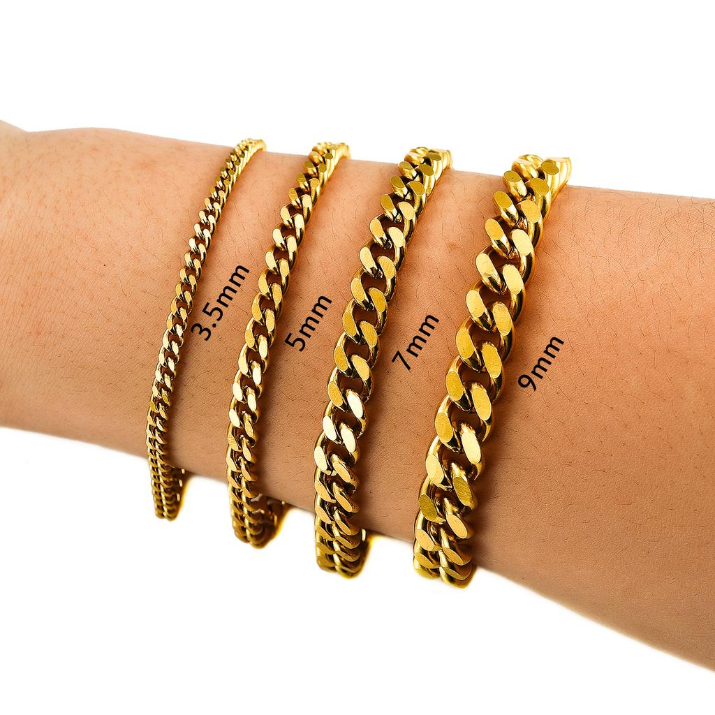 Men's Women's Gold Color Plated Stainless Steel Cuban Link Chain Bracelet for Hand Anklet High Quality Metal Wristband Jewelry