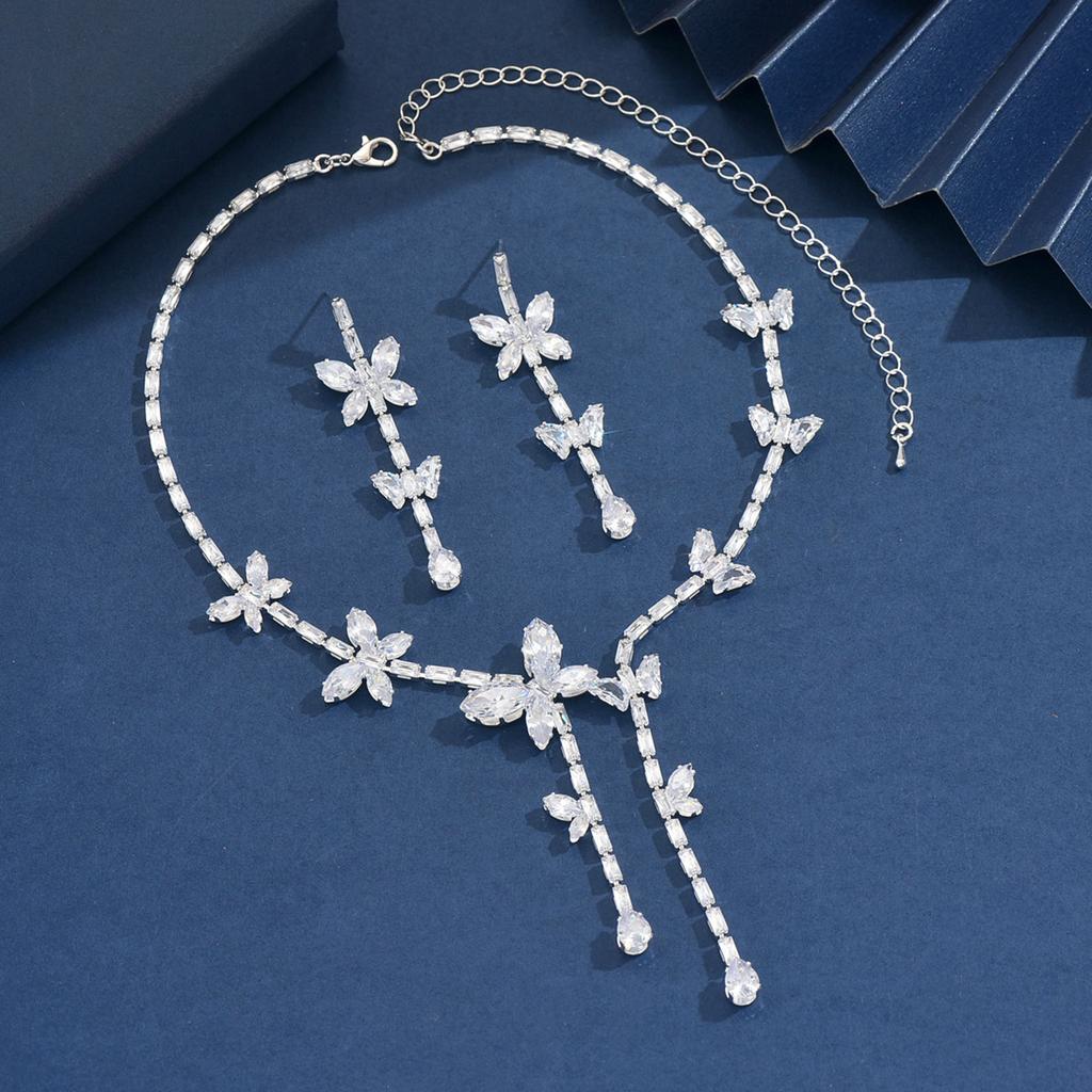 Women's fashionable butterfly tassel zircon necklace earring jewelry set, with a light luxury design and a high-end feel