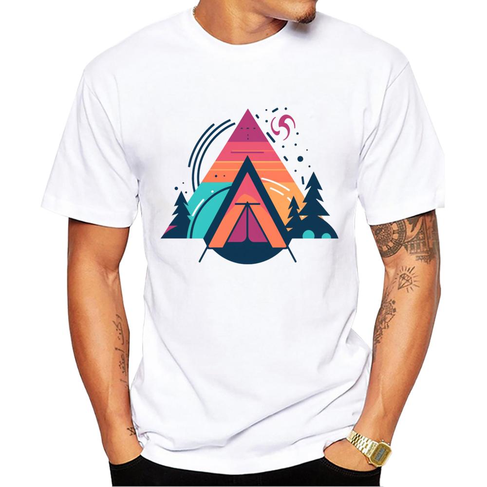 TEEHUB Art Geometric Men T-Shirt Camping Under Stars Printed T Shirts Short Sleeve Tshirts Har