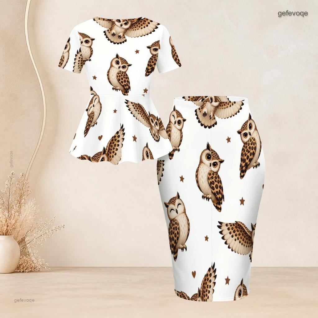 Women Plus Size 2 Piece Outfit Round Neck Short Sleeve Peacock Print Peplum Top Pencil Skirt White