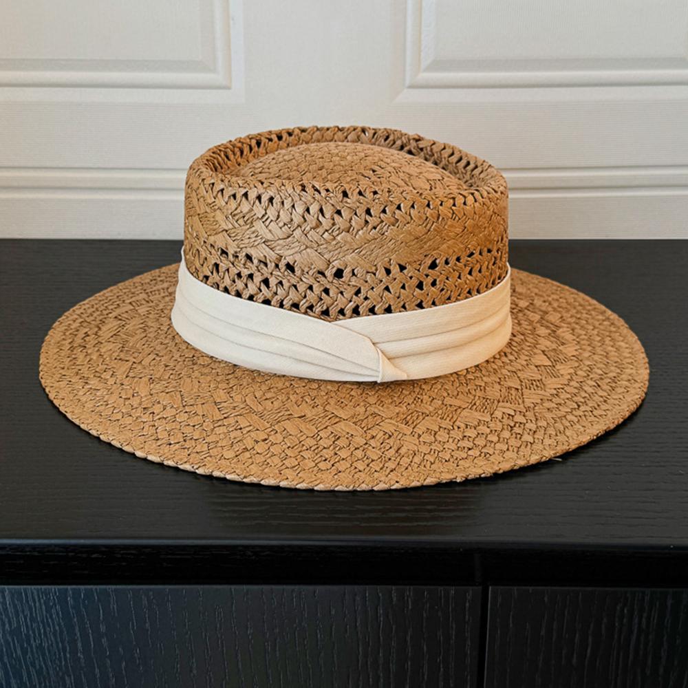 Women's Summer Flat Top Straw Hat Beach Large Brim Sunscreen Sun Hat Vintage Straw Caps Western Cowboy Hat for Women Men