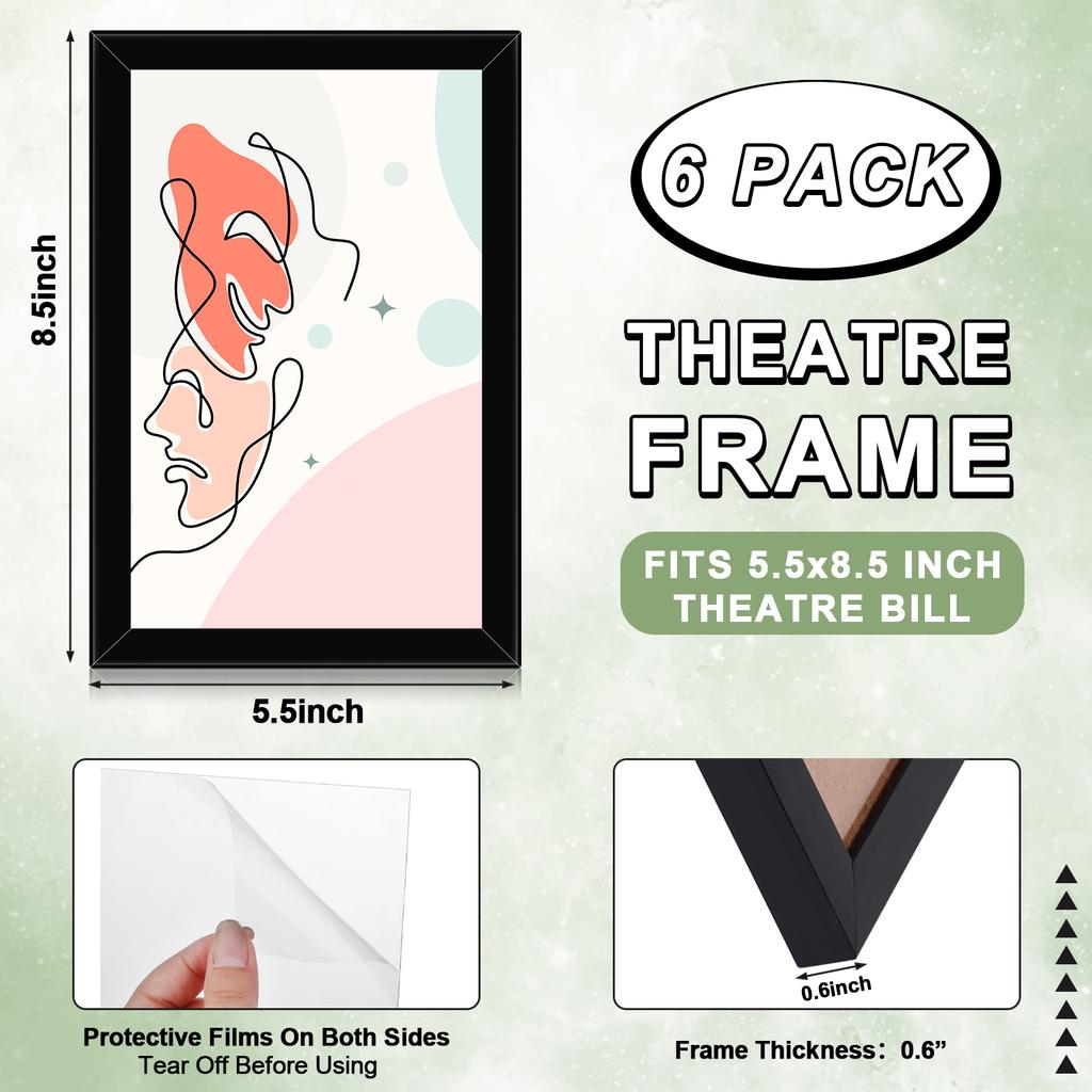 6 Pcs Black Theatre Frame 5.5 X 8.5 Inch Theatre Bill Frame Picture Frame Bulk Wall Mounting Photo Frames Set For Wall Tabletop