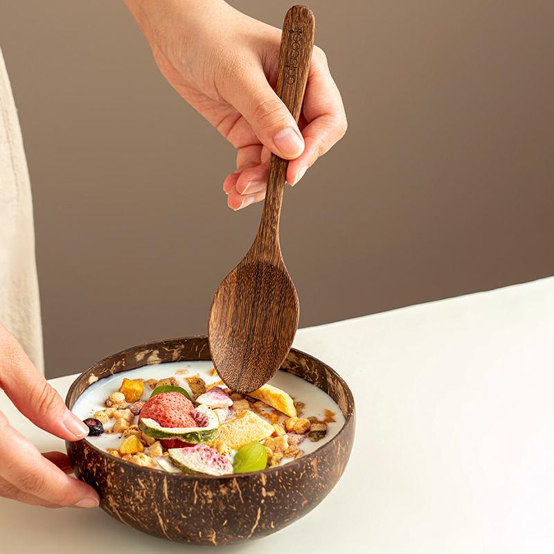 1pc Natural Coconut Bowl Wooden Handmade Coconut Bowls For Eating Tableware Fork Spoon For Dessert Fruit Salad Mixing Rice