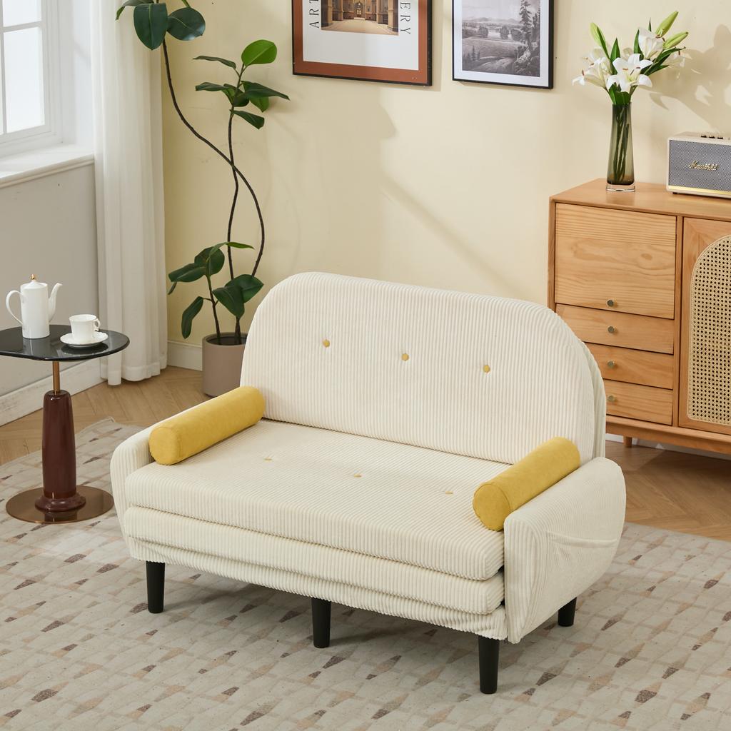 Ivory-Colored Corduroy Loveseat Sofa for the Living Room, as Daybed and Recliner with Storage Space.