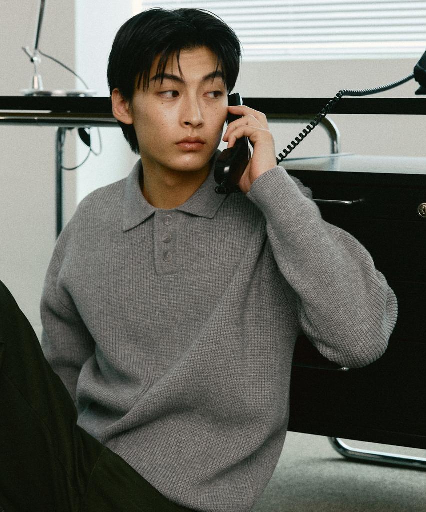 LEDEPT Cashmere Blending Hacci Button Collar Knit [Gray]