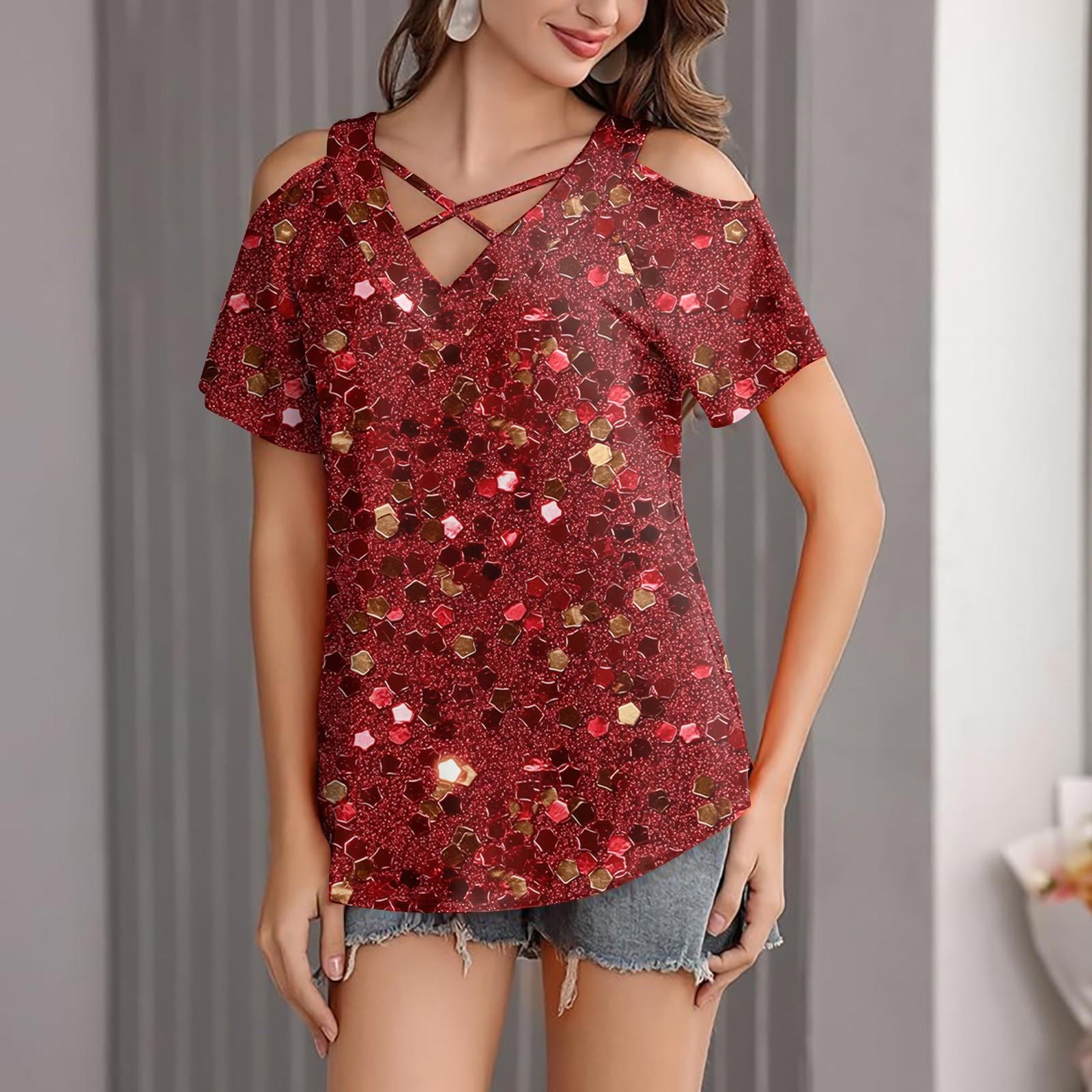 

Женская футболка с блестками и принтом, повседневная, с открытыми плечами, V-образным вырезом и короткими рукавами S винный