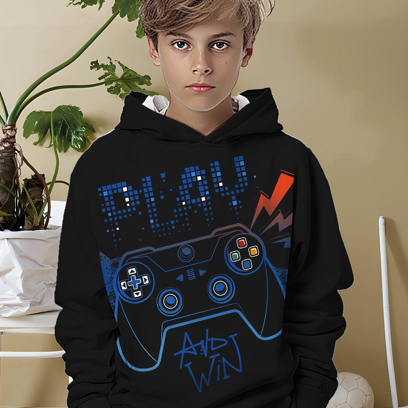 

Boys black hoodie with vibrant game console print - casual and comfortable polyester blend, long sleeves 13-14Y