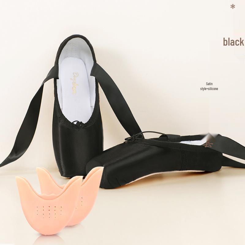 Dětské růžové saténové špičky pro začátečníky se stuhou - Tvrdá podrážka Dospělé taneční cvičky