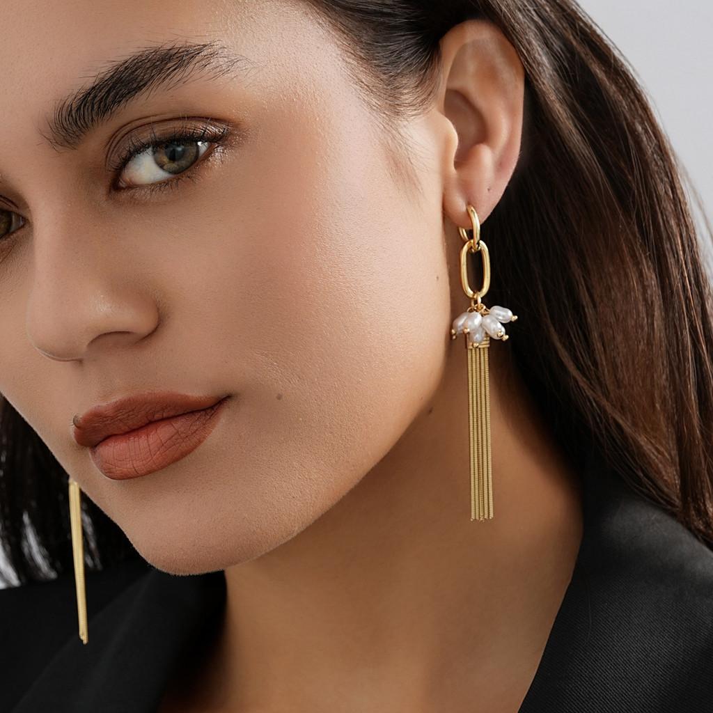 Modern Geometric Tassel Earrings For Women Simple Pearl Gold Design