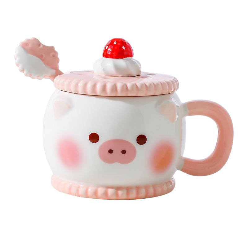 Creative Cute Cartoon Ceramic Mug Pink Girl Heart Gift Cup Water Cup with Lid Spoon Pig Cat Cup