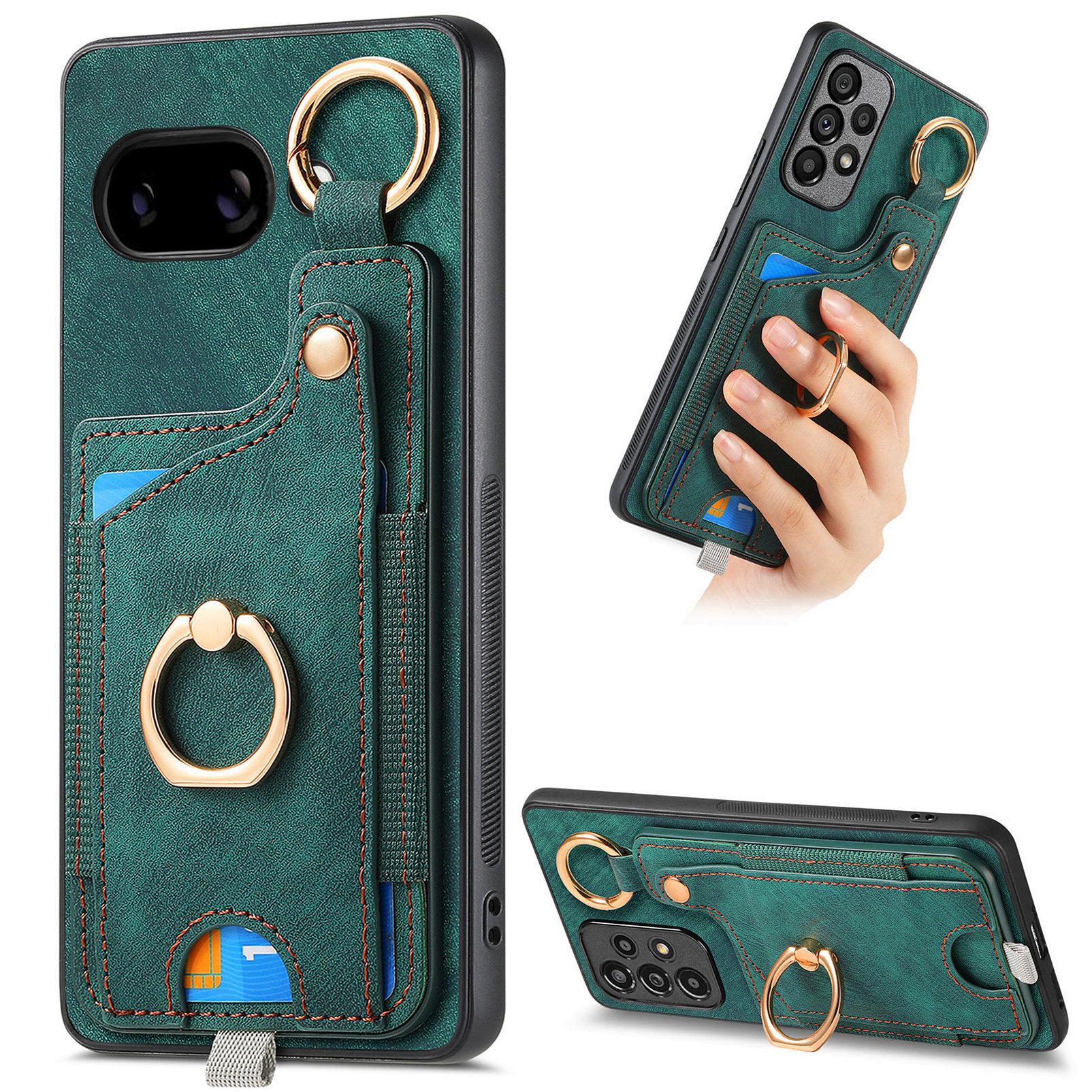 

For Google Pixel 9a Retro Leather Phone Back Cover with Card Slots and Ring Holder Green