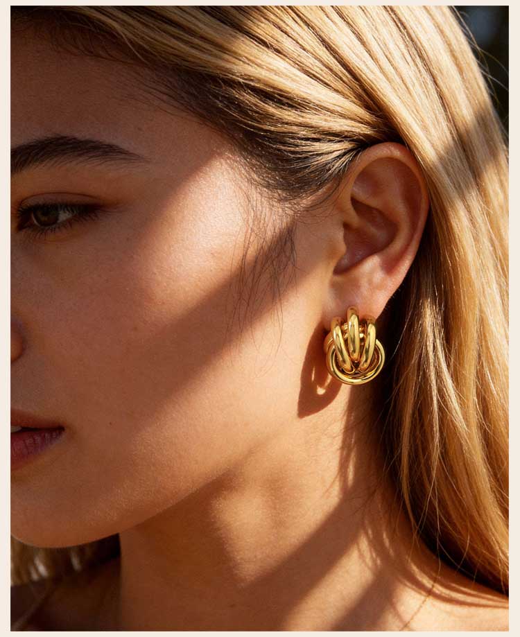 Chunky 18K Gold Plated Twist Knot Stud Earrings for Women, Geometric Textured Stainless Steel Waterproof Vintage Jewelry