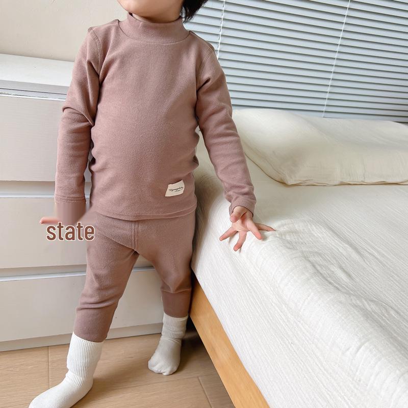 Unisex Baby Cotton Thermal Set: Cozy Brushed High-Neck Top & Trousers for Autumn/Winter