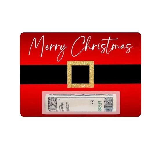 Vánoční obálka na peníze s motivem Santa Clausova pásku, sváteční přání s designem červené šerpy, sezónní přání k svátkům na dárky a peněžní dárek