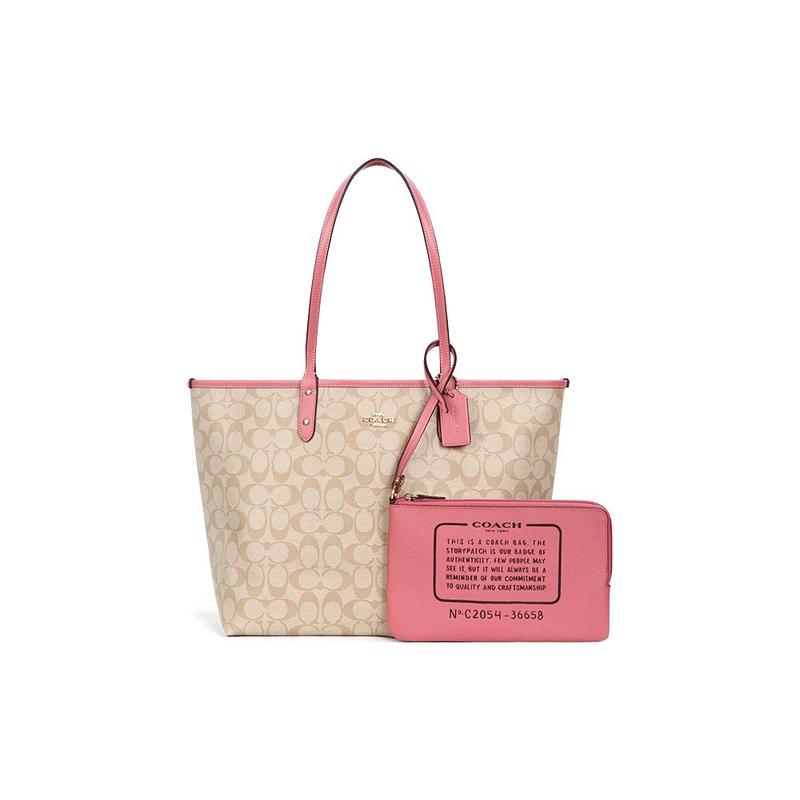 

COACH Reversible City 33 Reversible Presbyopia Canvas with Leather Tote Bag Shopping Bag Hand-held Shoulder Bag Large Women s Khaki and Pink рожевий
