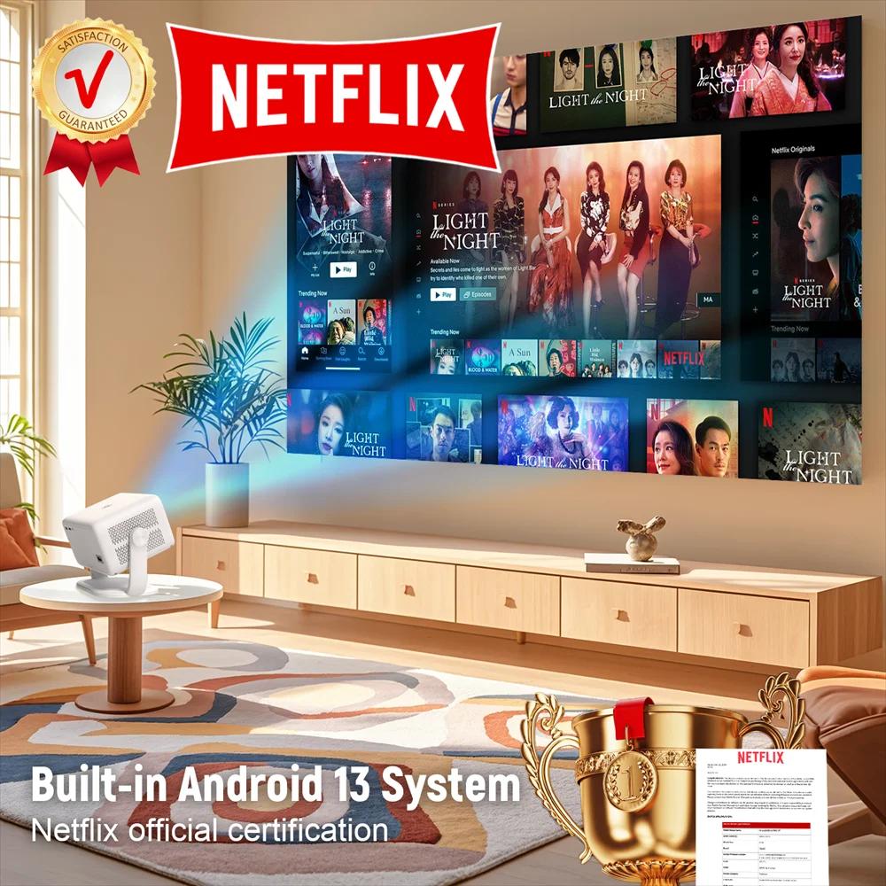 Projektor Velec s certifikací Netflix Android 13 4K Nativní 1080P 650ANSI S automatickým ostřením Wifi6 BT5.2 360° Domácí Venkovní Projektor