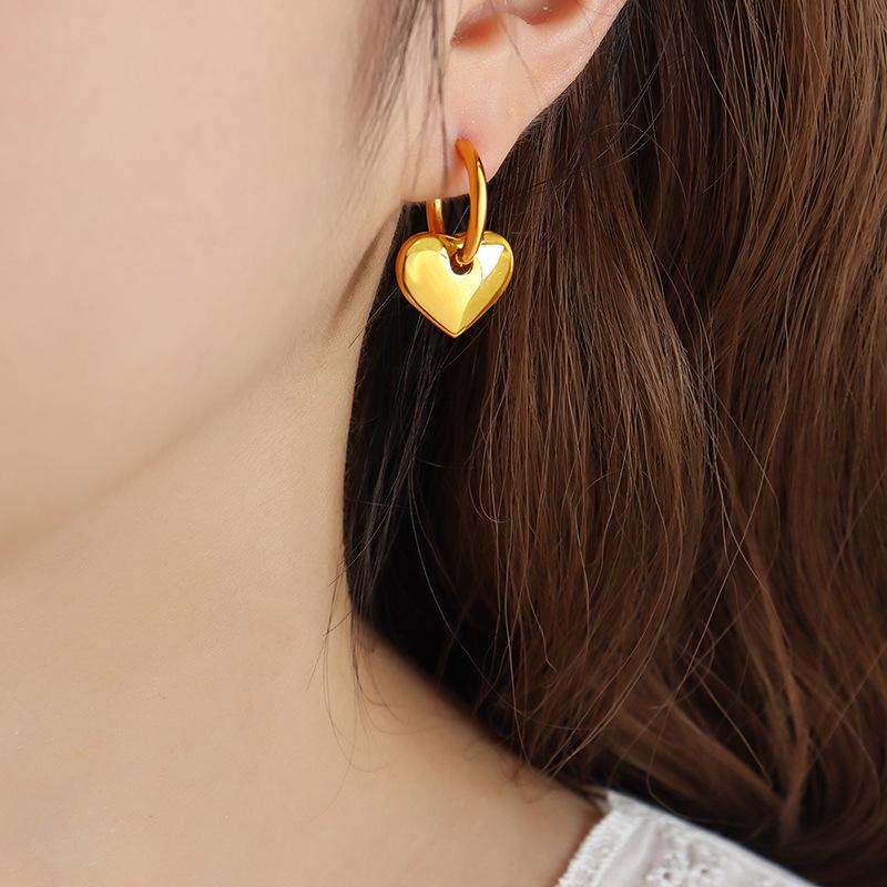 Punk Style 3D Shiny Peach Heart Earrings: Titanium Steel & Real Gold Creative Jewelry.