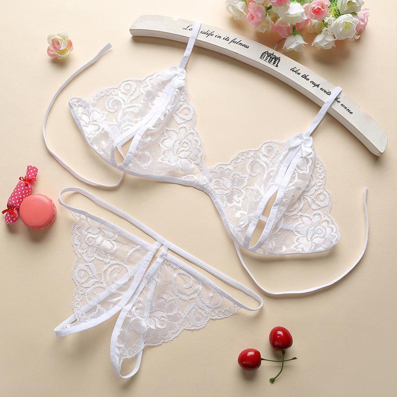 Sexy Lace Lingerie Set with Bowknot and Open Crotch, Women's Three-Point Style C06