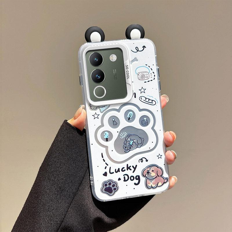 KEYSION Cute Ear Cartoon Case for VIVO V29e 5G with Lanyard Soft Silicone+PC Shockproof Phone Back Cover for VIVO V29e