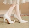 Fashion High Heels Women's New Pearl Lace High Heels Womens Thin Heels Pointed Bridesmaids Solid Color Large Size Wedding Shoes