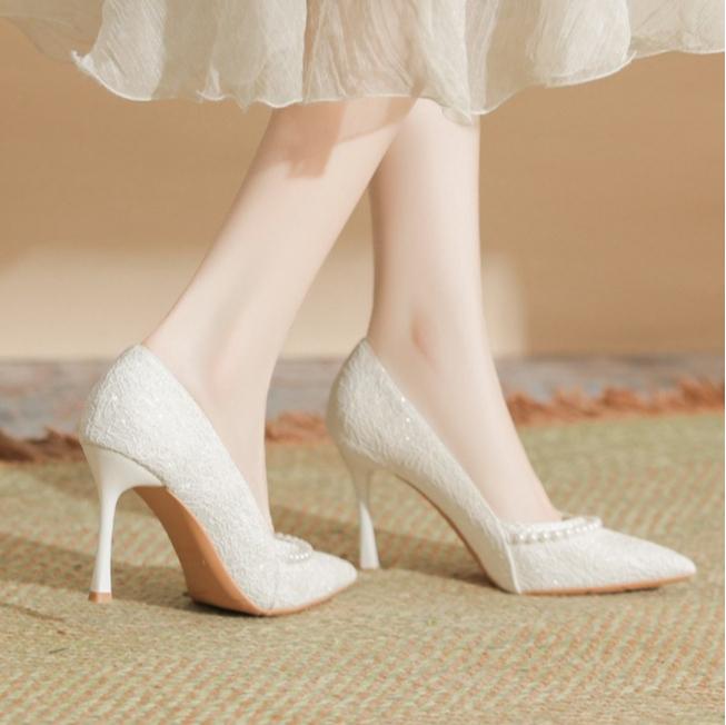 Fashion High Heels Women's New Pearl Lace High Heels Womens Thin Heels Pointed Bridesmaids Solid Color Large Size Wedding Shoes