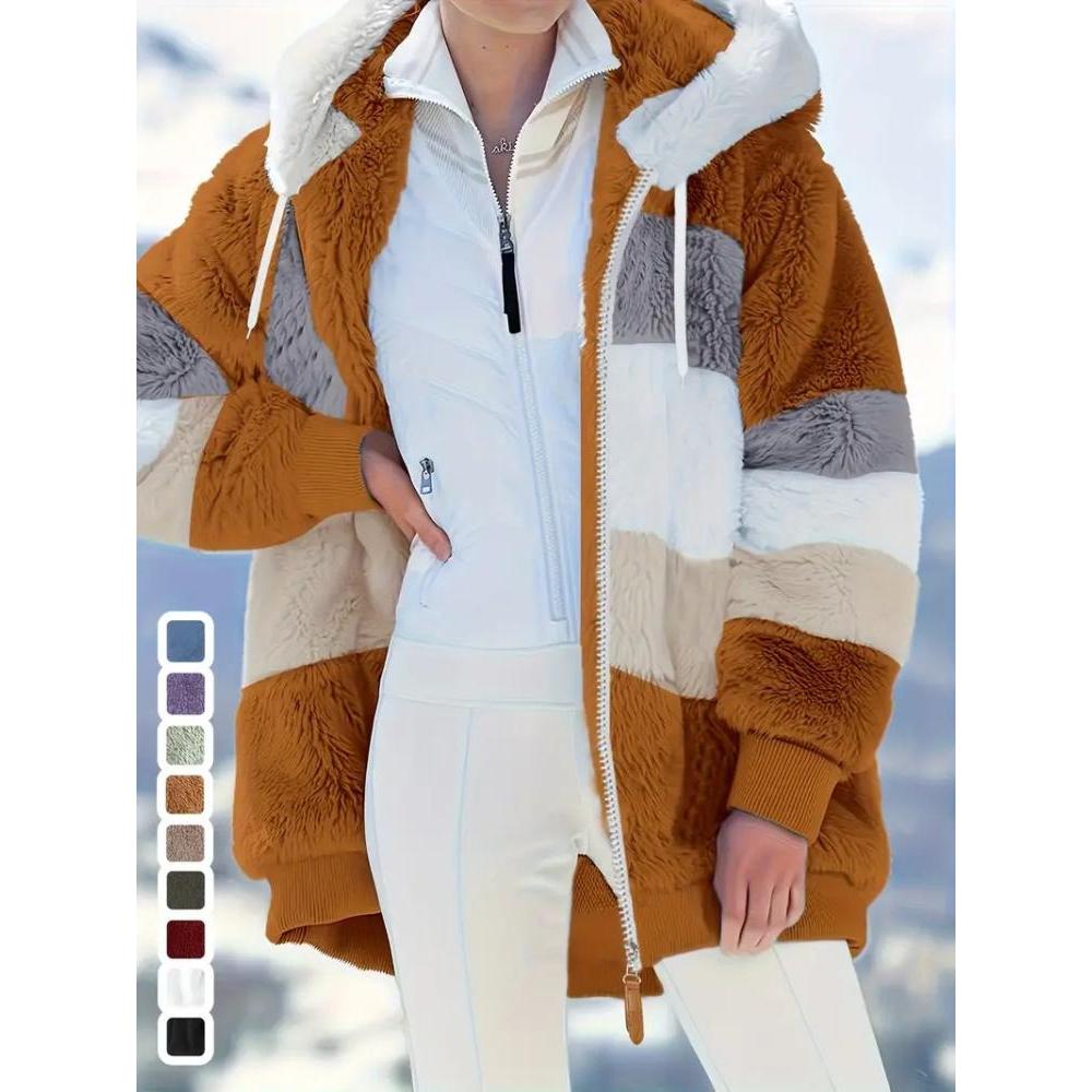Elegant Fleece-Lined Hooded Jacket with Zip Pockets for Fall/Winter