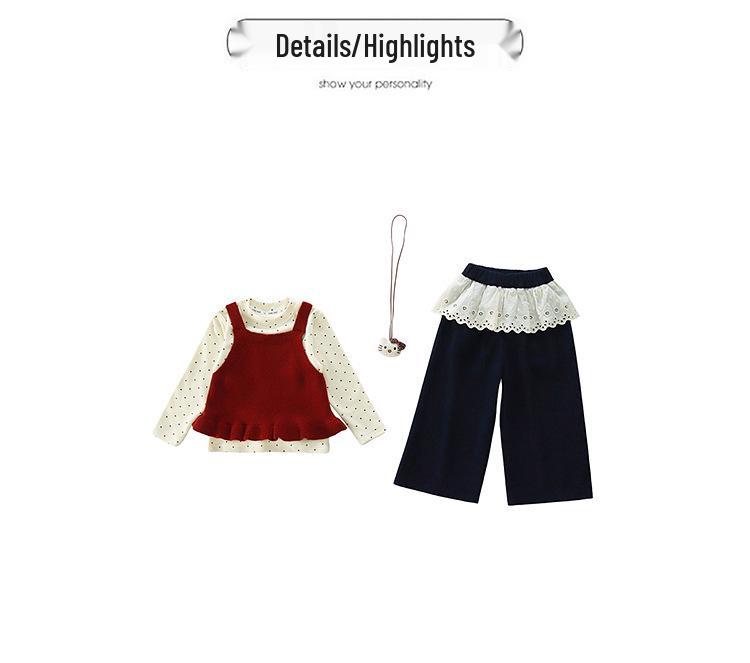 Girls' Fashionable Three-Piece Set: Knitted Vest, Polka Dot Shirt & Wide-Leg Pants for Spring/Autumn