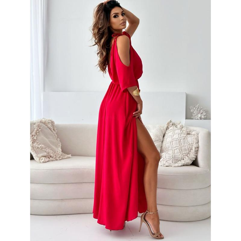 YYFS Women's Fashion Summer Spring Solid Color Print 1/2 Sleeves V-Neck Middle Waistline Casual Dresses