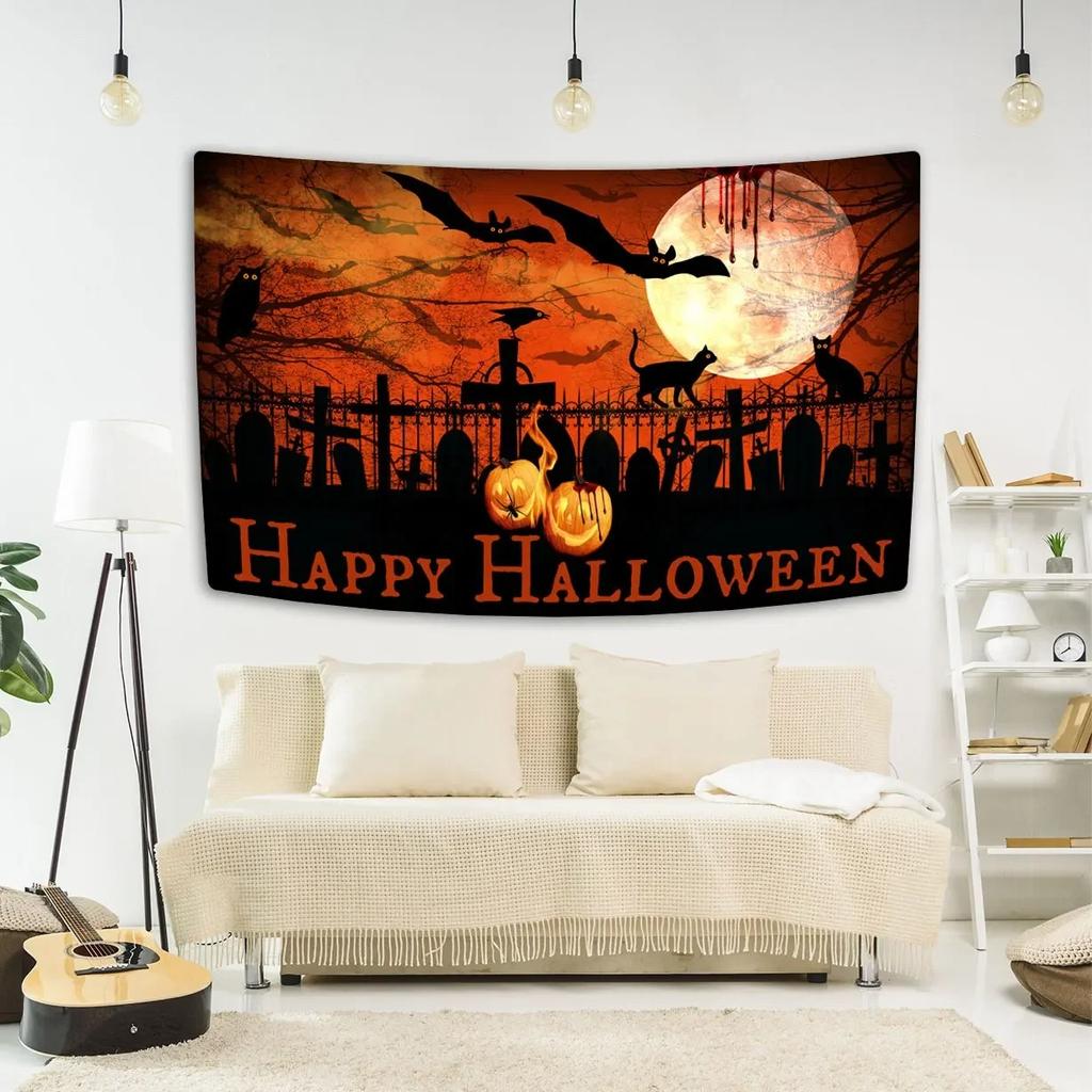 Happy Halloween Decorative Tapestry Bat Pumpkin Print Wall Hanging Carpet Party Background Fabric Home Room Decoration