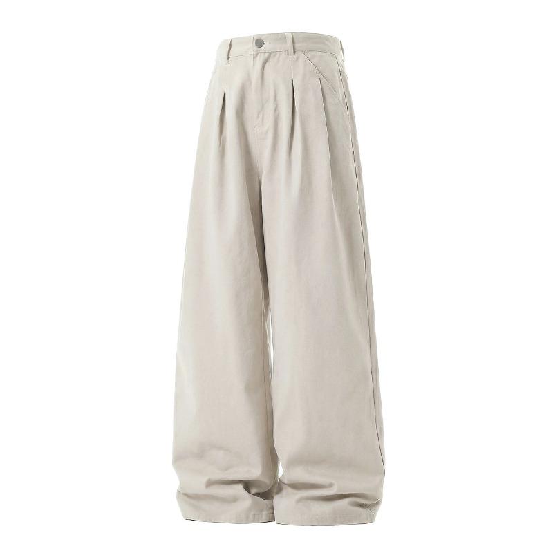 Heren Katoenen Casual Broek Losse Rechte Pijp Dubbele Plooizakken