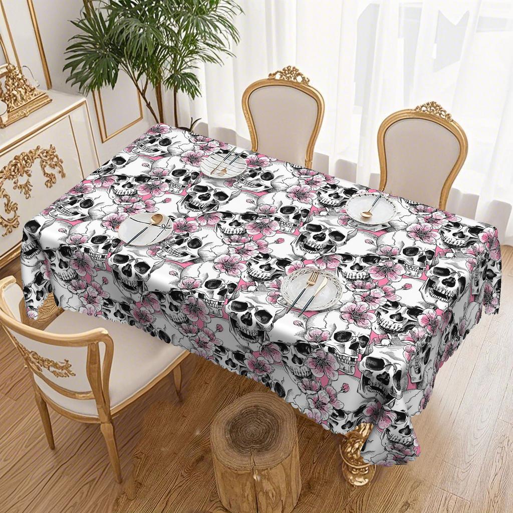1 Gothic Skull Tablecloth - Pink Flowers With Skull, Complex Skull Pattern, Polyester Fabric.