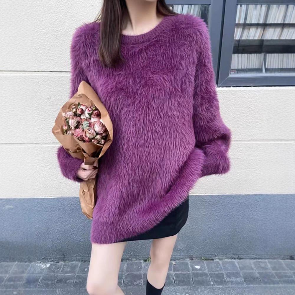 Women's Korean Style Loose Mink Cashmere Pullover Sweater - Candy Color, Thickened, Autumn/Winter Knit