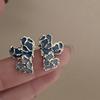 Silver Needle Butterfly Heart Earrings with Blue Gradient Drip - Elegant Autumn/Winter Studs