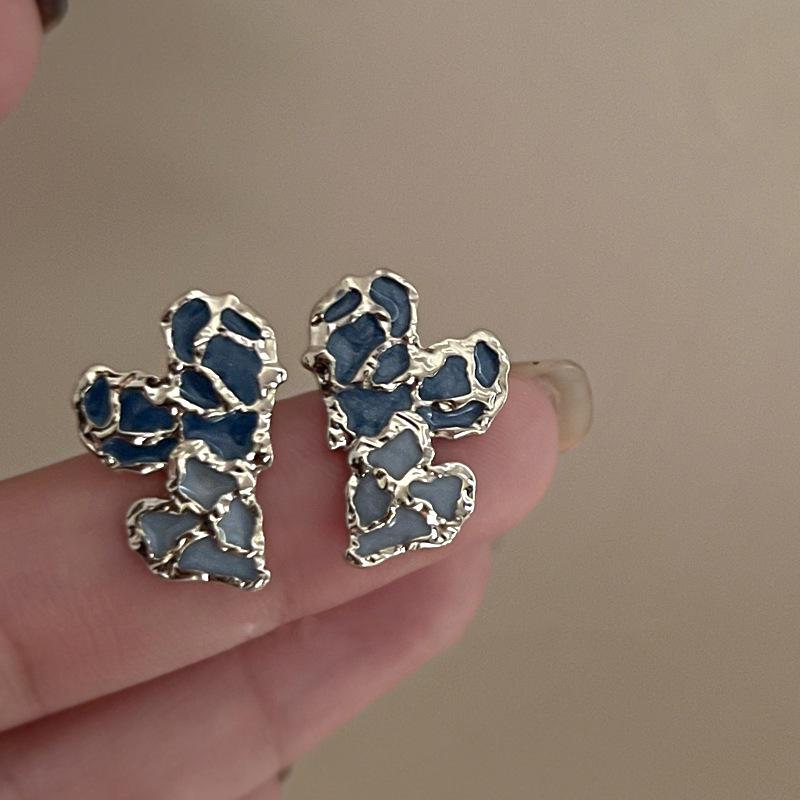 Silver Needle Butterfly Heart Earrings with Blue Gradient Drip - Elegant Autumn/Winter Studs