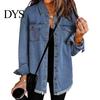 Frayed Hem Jacket Women Denim Coat with Breast Pockets Turn-down Collar Washed Single-breasted Chest Pocket Pure Color Wipped Edge Loose Cardigan Long