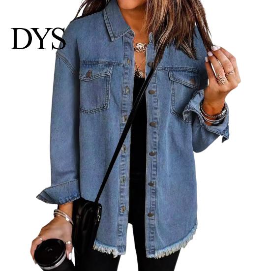 Frayed Hem Jacket Women Denim Coat with Breast Pockets Turn-down Collar Washed Single-breasted Chest Pocket Pure Color Wipped Edge Loose Cardigan Long