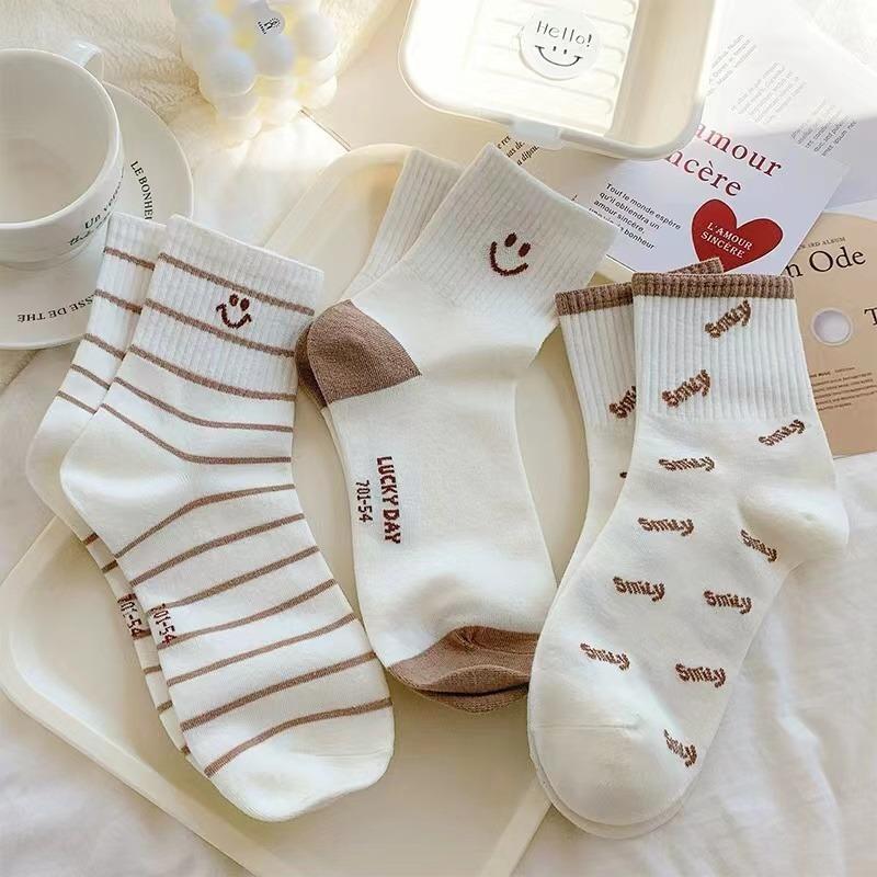 5 pares de lindos calcetines con estampado sonriente, calcetines deportivos cómodos y suaves, medias y calcetería para mujer