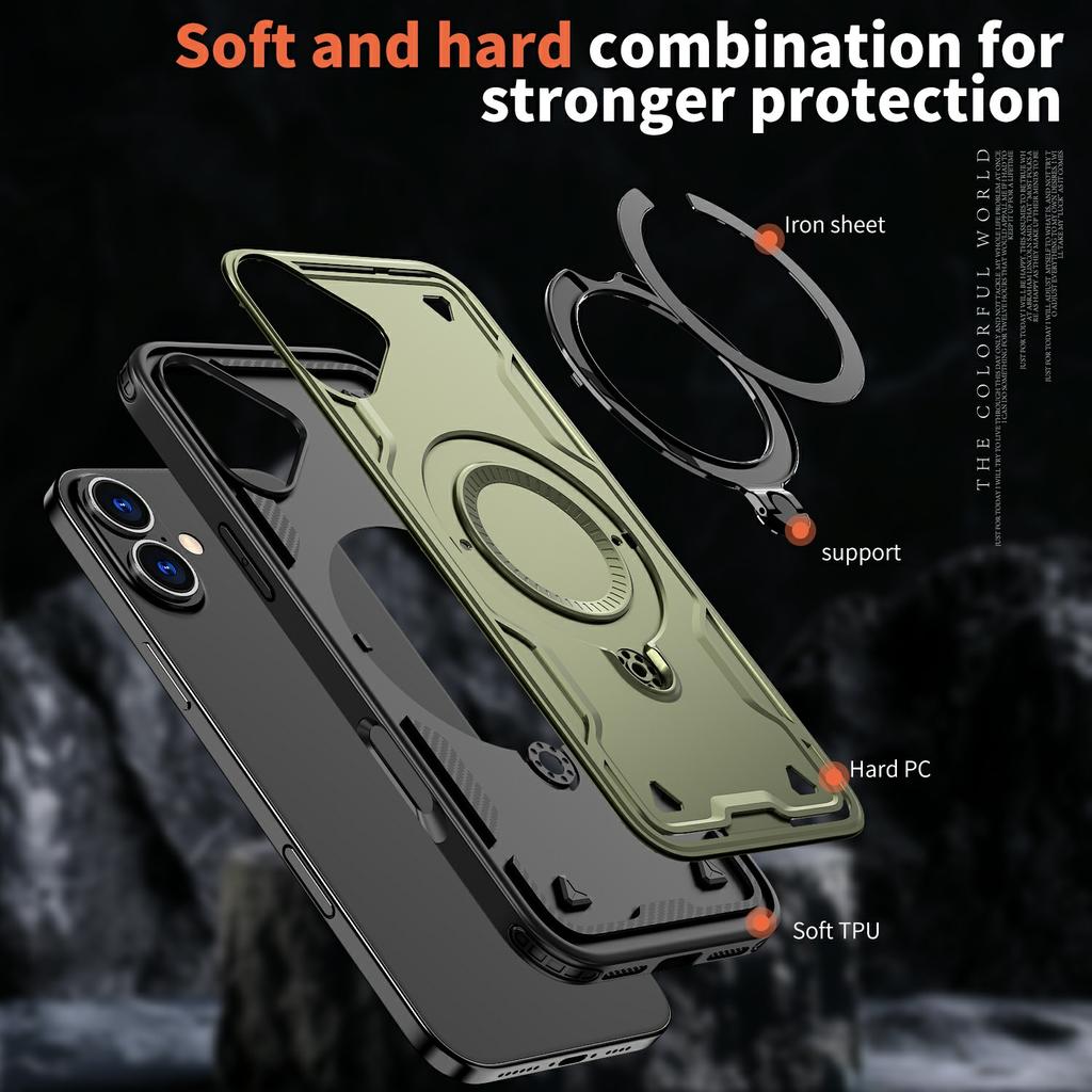 For iPhone 16 Case Compatible with MagSafe Military Protection PC+TPU Kickstand Phone Cover