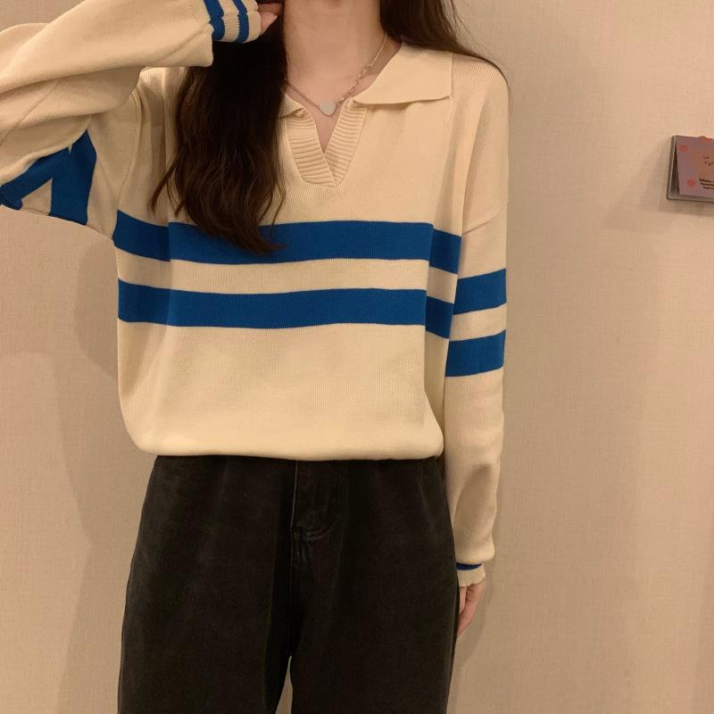 Polo collar black striped knitted sweater women's outer wear design sense chic high sense casual inside