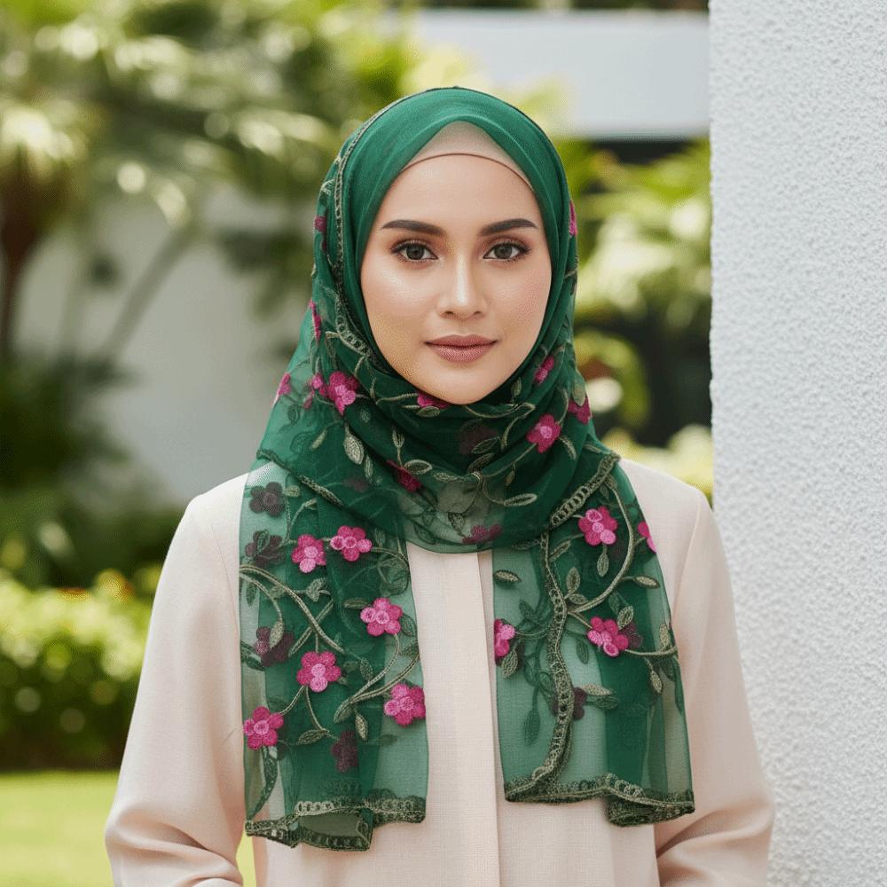 Ethnic Style Embroidered Floral Headwrap Breathable Translucent Long Lace Scarf Colorful Skin-Friendly Summer Hijab