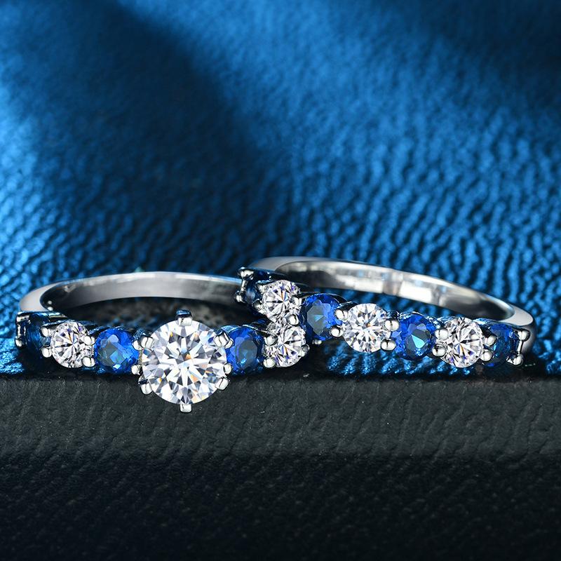 Hoyon Luxury Sapphire Blue Gemstone Zircon Ring Set For Couple Imitation Main Diamond Blue Tip Ring Women 'S Jewelry Free Ship