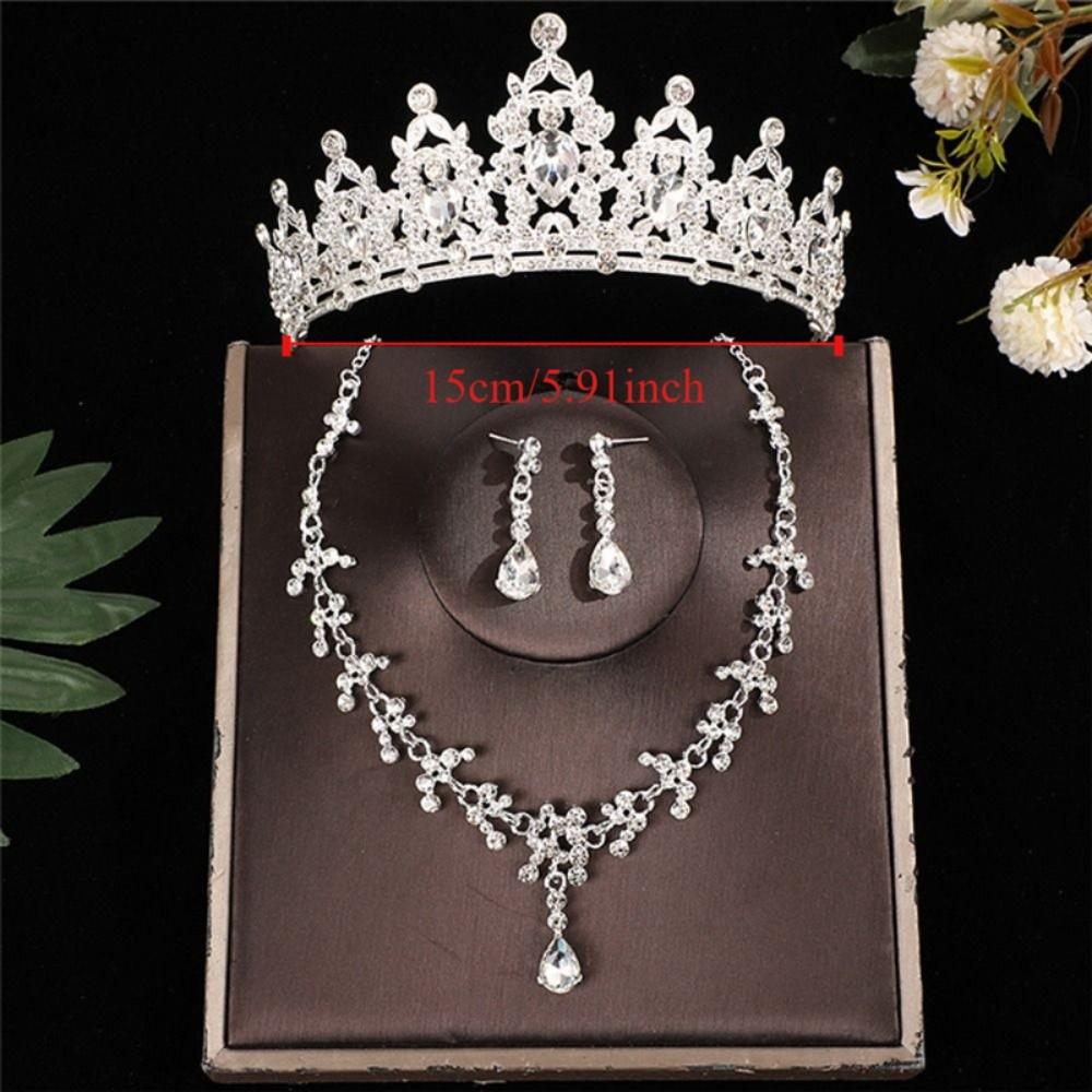 3pcs/set Luxury Bridal Jewelry Sets Crystal Water Drop Tiaras Crown Necklace Earrings Silver Color Sparkling