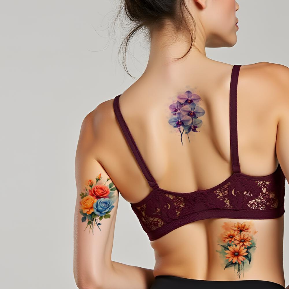 9pcs Temporary Tattoo Watercolor Floral Arrangements Blue Flowers Roses For Shoulders Chest Ladies