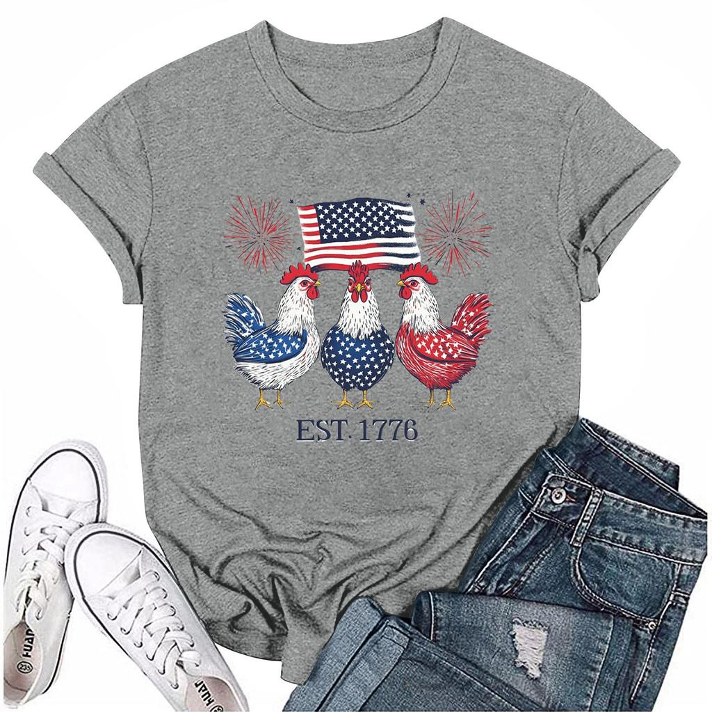 Camiseta feminina casual com estampa do Dia da Independência e gola redonda, manga curta
