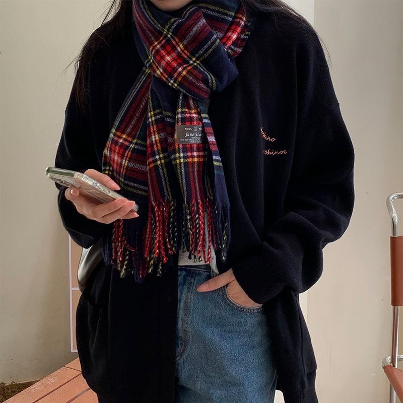 New Korean version plaid scarf women's winter versatile imitation cashmere atmosphere thickened scarf couple warm shawl